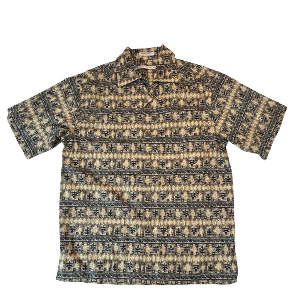 GEOFFREY BEANE Tribal Leaf Button Up Hawaiian Shirt Men Small Taupe Multi Casual